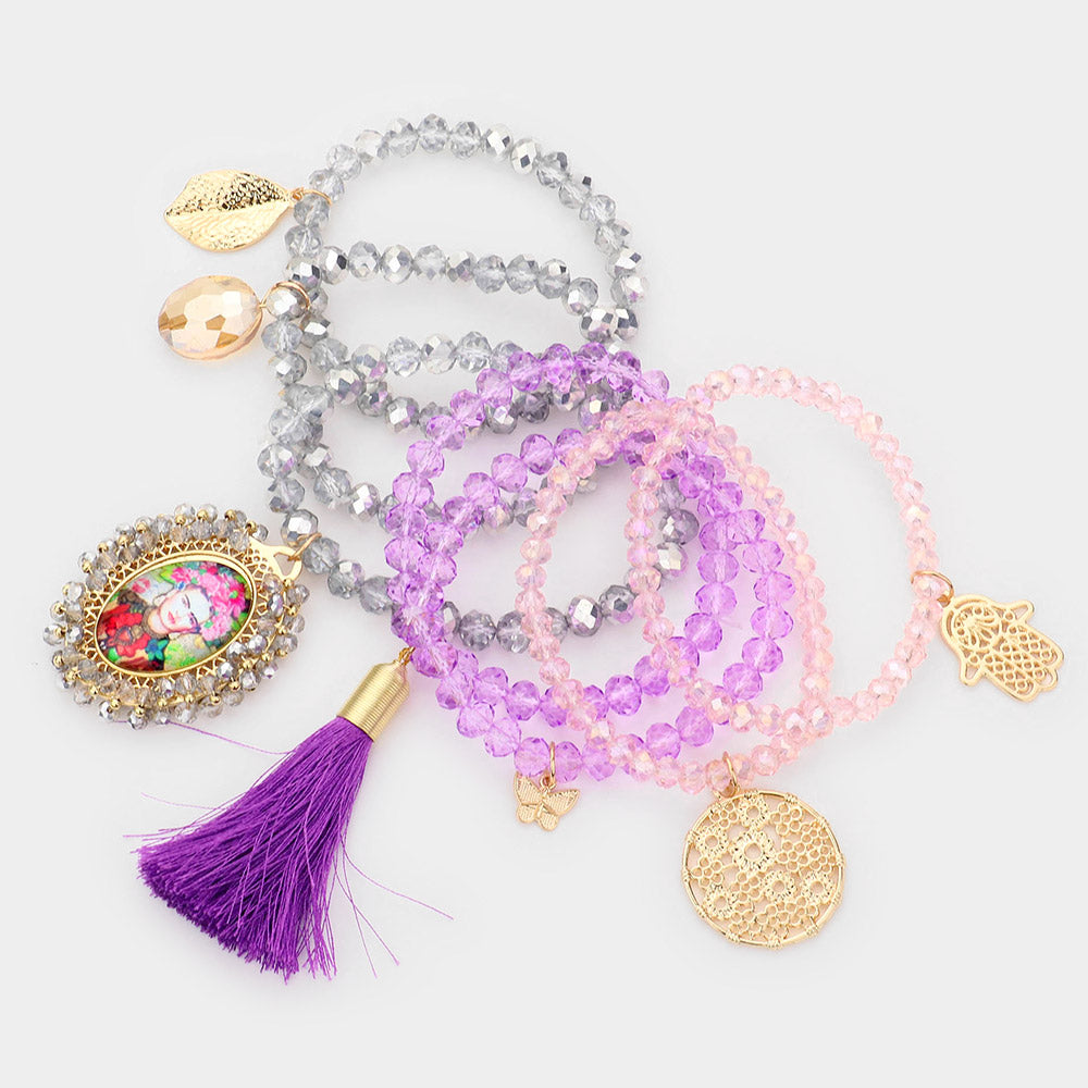 iLLASPARKZ 7pcs - Frida Kahlo Butterfly Leaf Hamsa Hand Tassel Charm Faceted Beaded Stretch Bracelets