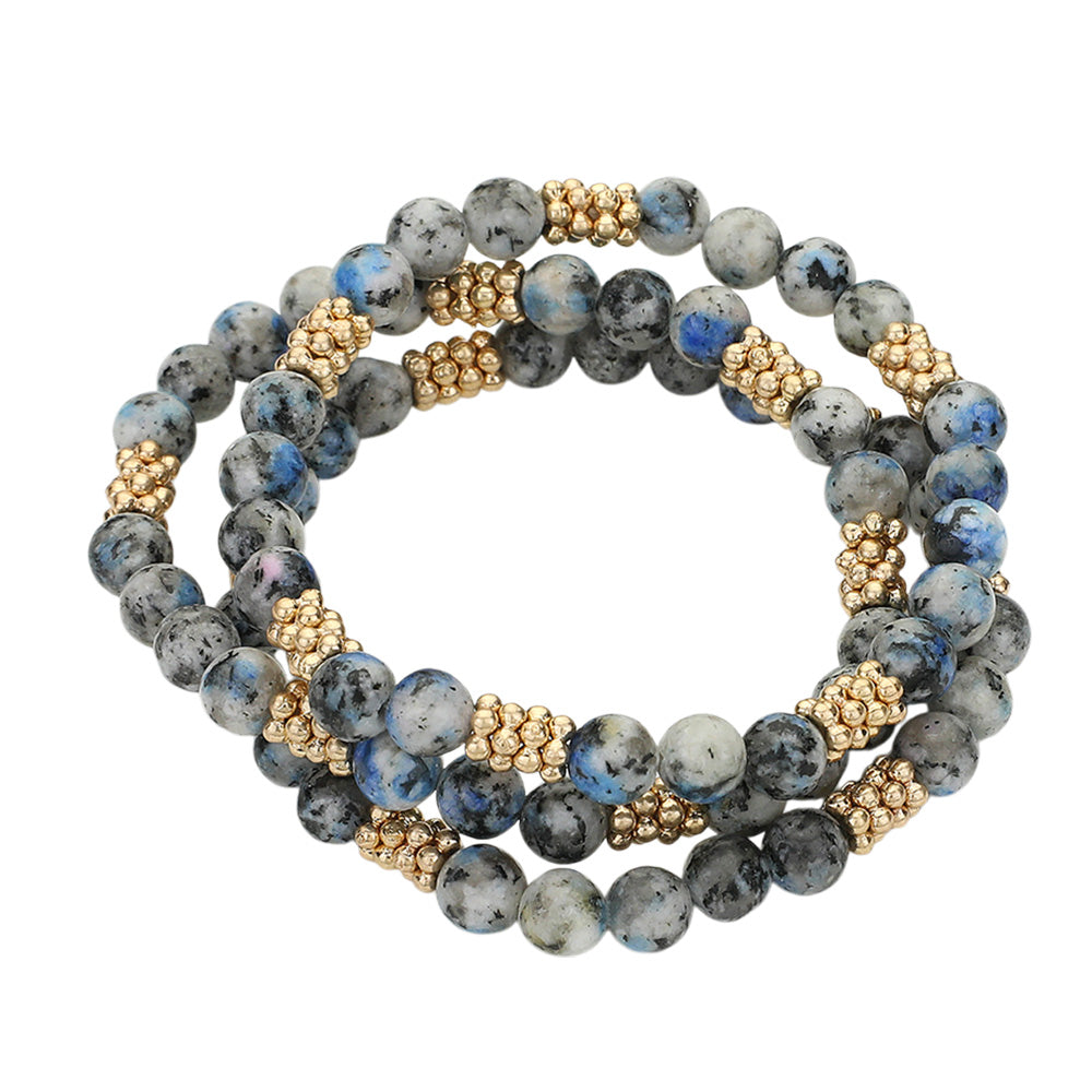 iLLASPARKZ 3PCS - Natural Stone Metal Bubble Bar Beaded Stretch Multi Layered Bracelets