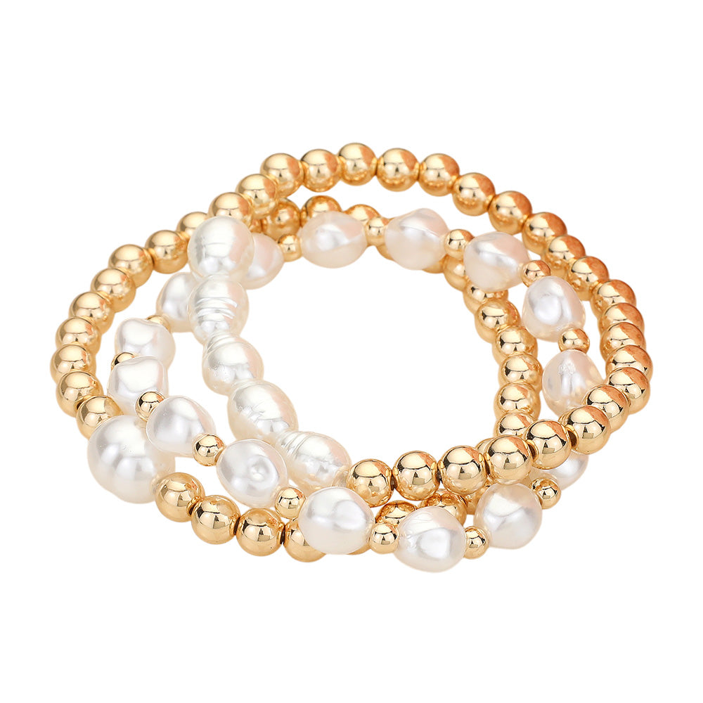 iLLASPARKZ 3PCS - Metal Pearl Ball Beaded Stretch Multi Layered Bracelets