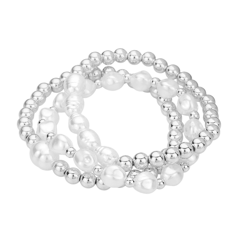 iLLASPARKZ 3PCS - Metal Pearl Ball Beaded Stretch Multi Layered Bracelets