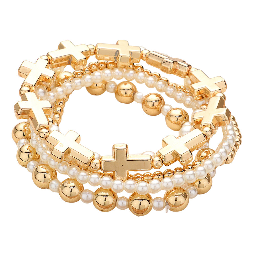 iLLASPARKZ 5PCS - Metal Cross Pearl Beaded Stretch Multi Layered Bracelets