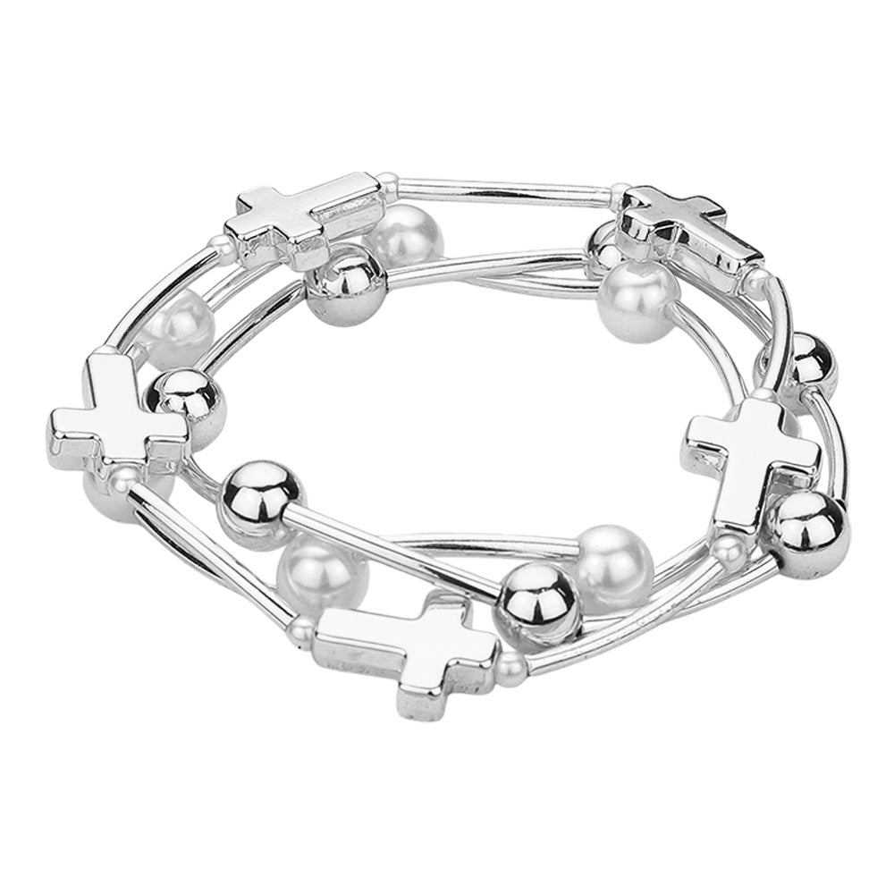 iLLASPARKZ 3PCS - Metal Cross Ball Pearl Station Stretch Multi Layered Bracelets