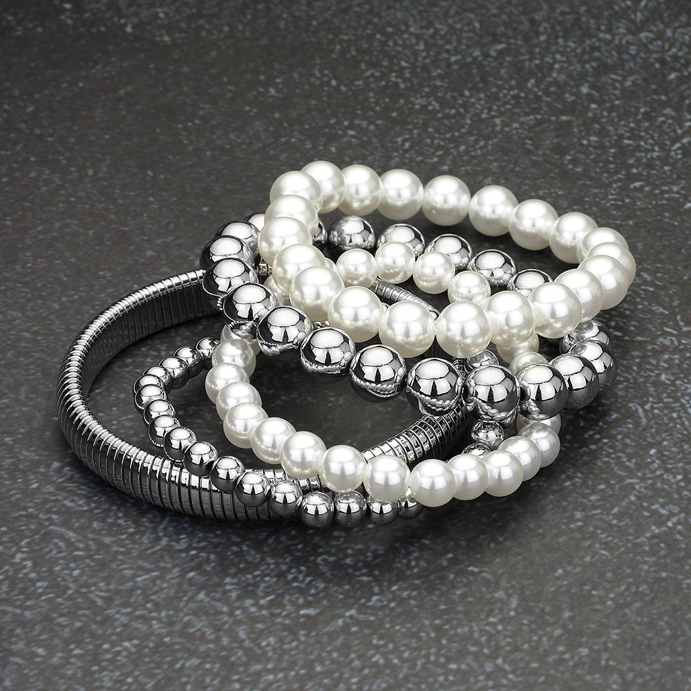 iLLASPARKZ 5PCS - Pearl Metal Ball Beaded Snake Stretch Multi Layered Bracelets