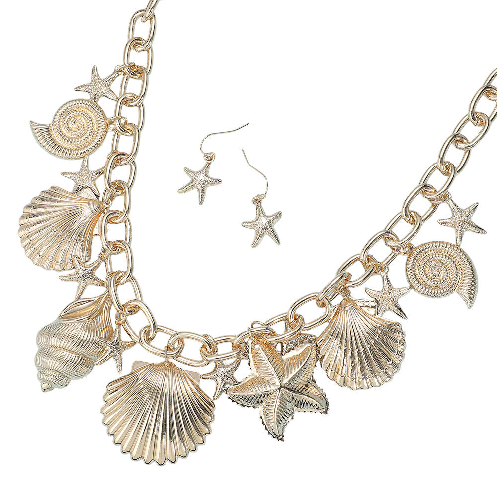 iLLASPARKZ Chunky Metal Sea Shell Starfish Charm Station Chain Necklace