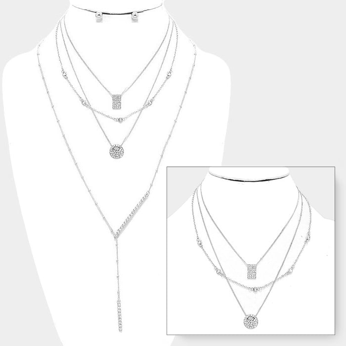 iLLASPARKZ Rhinestone Bar Triple Layered Lariat 2-PC Necklace Set