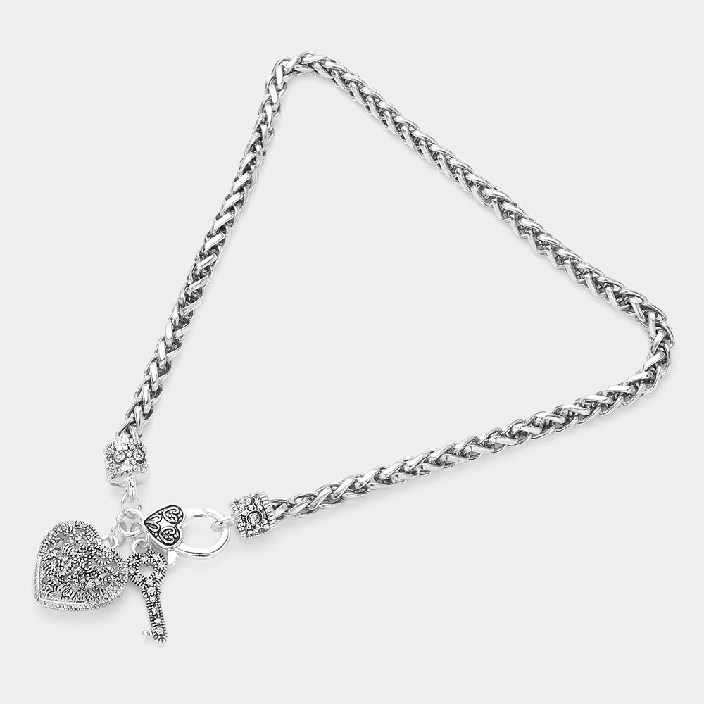 iLLASPARKZ Antique Metal Heart Key Lock Pendant Toggle Necklace