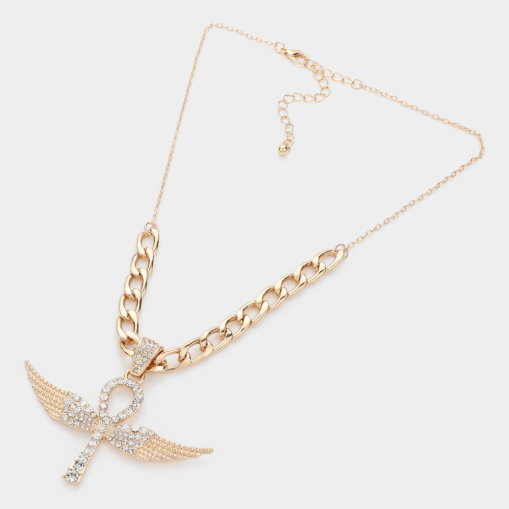 iLLASPARKZ Rhinestone Embellished Metal Angel Wing Key Pendant Chain Necklace