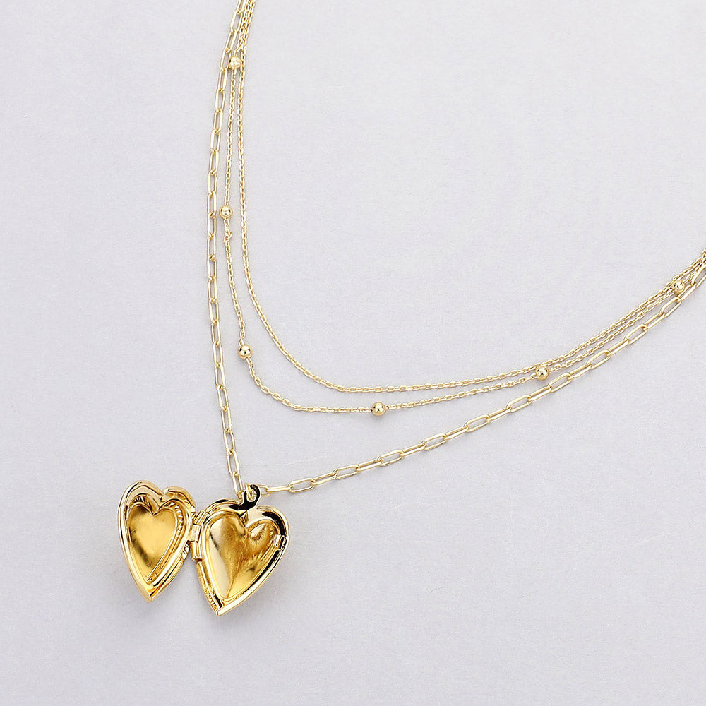 iLLASPARKZ Brass Metal Textured Heart Locket Pendant Triple Layered Necklace