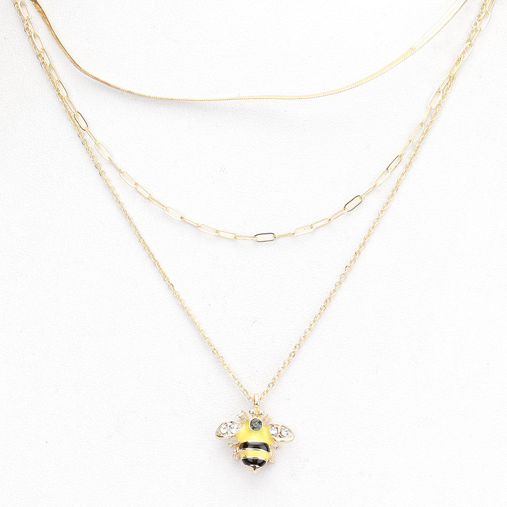 iLLASPARKZ Stone Embellished Enamel Honey Bee Pendant Triple Layered Necklace