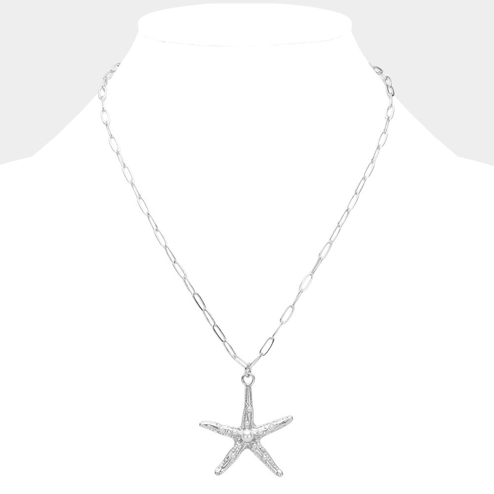 iLLASPARKZ Pearl Pointed Matte Metal Starfish Pendant Necklace