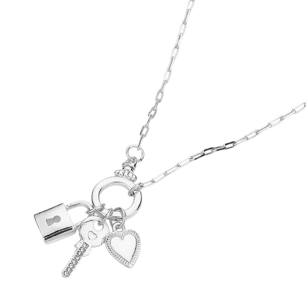 iLLASPARKZ Stone Paved Key Metal Lock Heart Charms Pendant Paperclip Chain Necklace