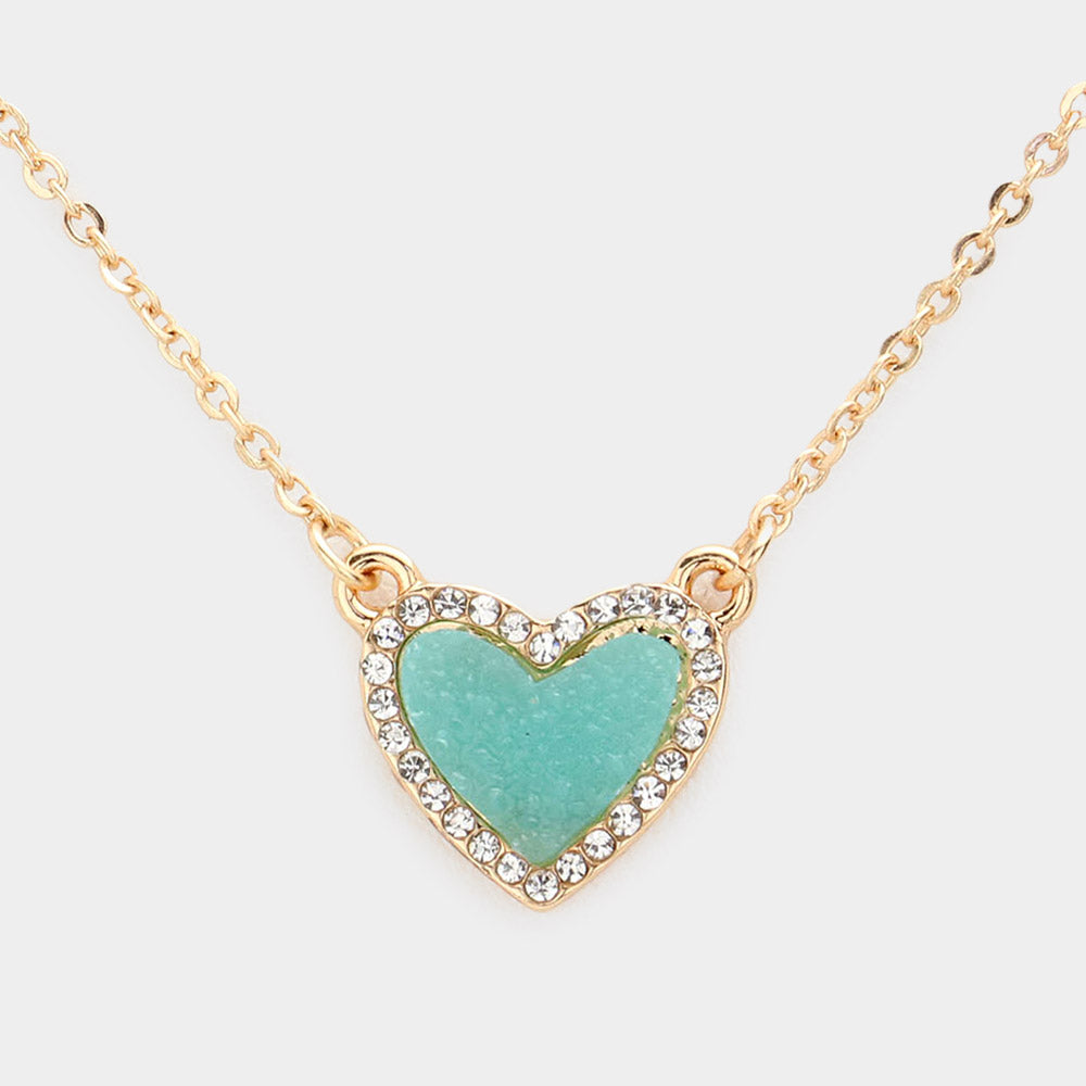 iLLASPARKZ Rhinestone Trimmed Druzy Heart Pendant Necklace