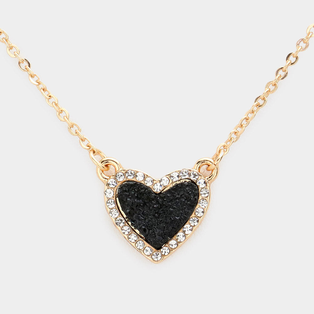 iLLASPARKZ Rhinestone Trimmed Druzy Heart Pendant Necklace