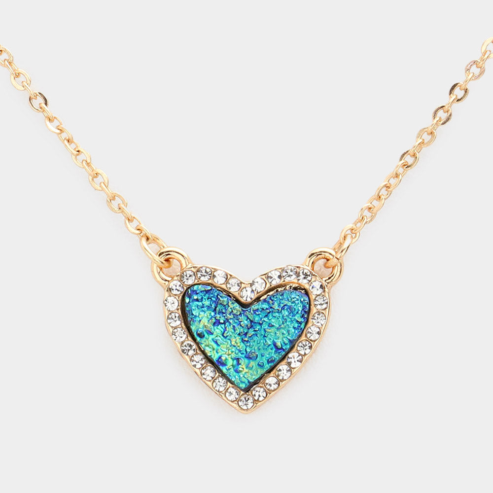 iLLASPARKZ Rhinestone Trimmed Druzy Heart Pendant Necklace