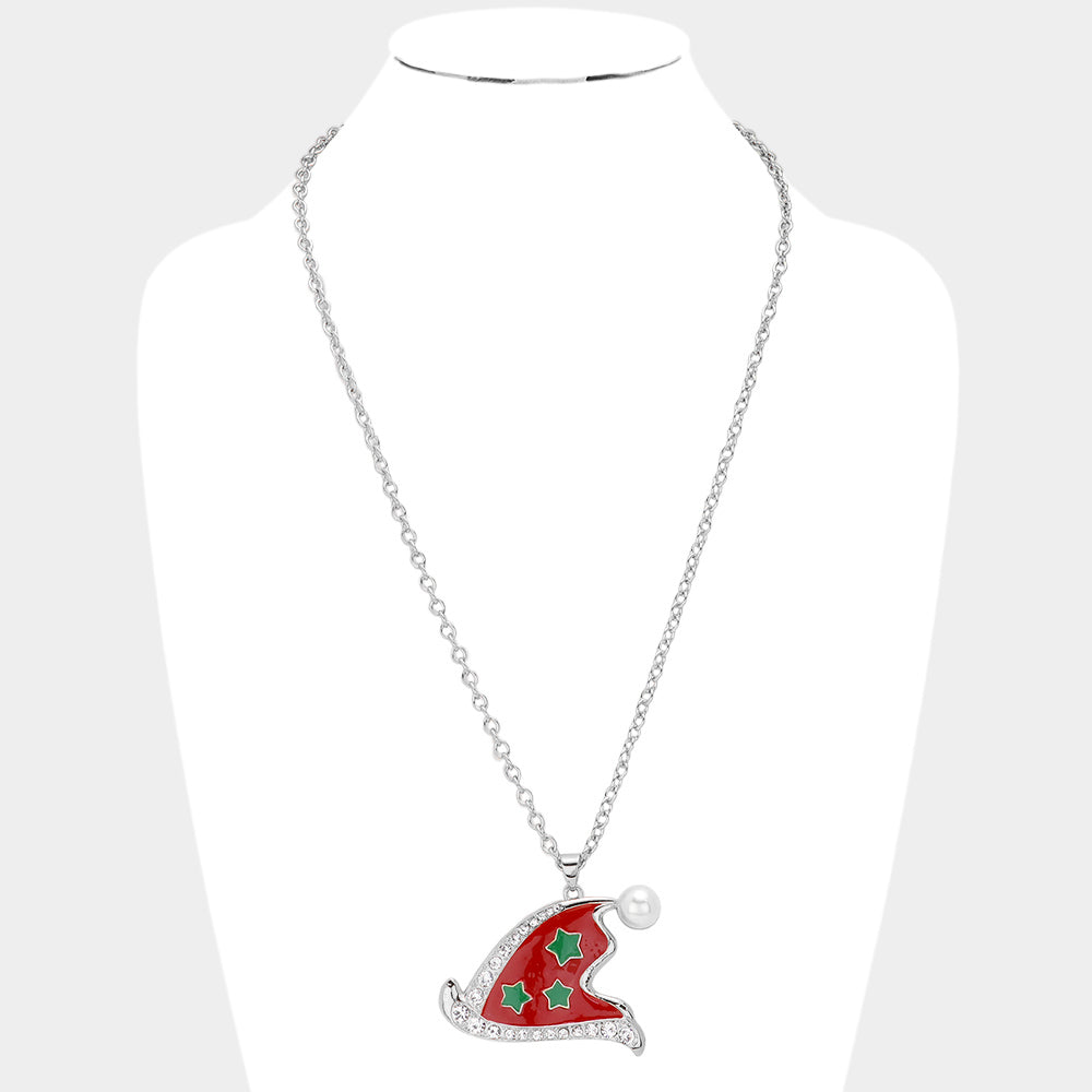 iLLASPARKZ Pearl Pointed Enamel Christmas Santa Claus Hat Pendant Necklace