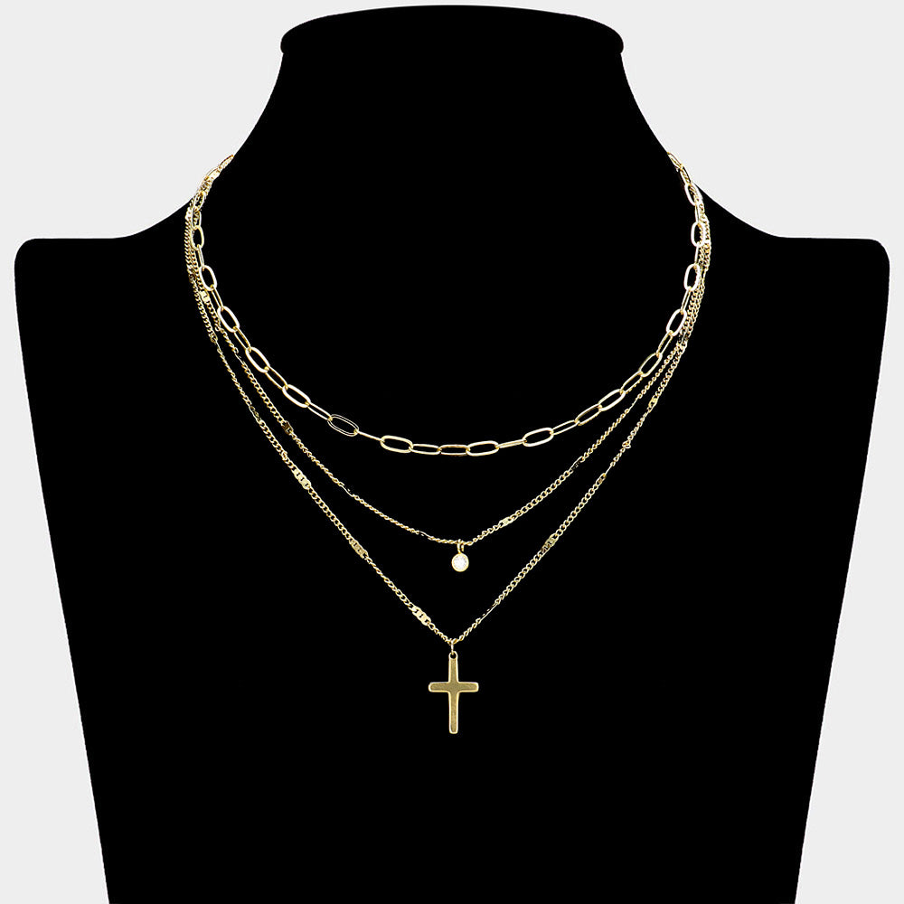 iLLASPARKZ Round Stone Pointed Brass Metal Cross Pendant Layered Necklace