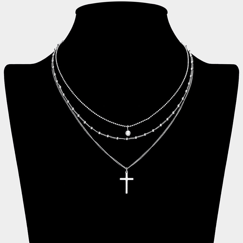 iLLASPARKZ Round Pearl Pointed Brass Metal Cross Pendant Layered Necklace