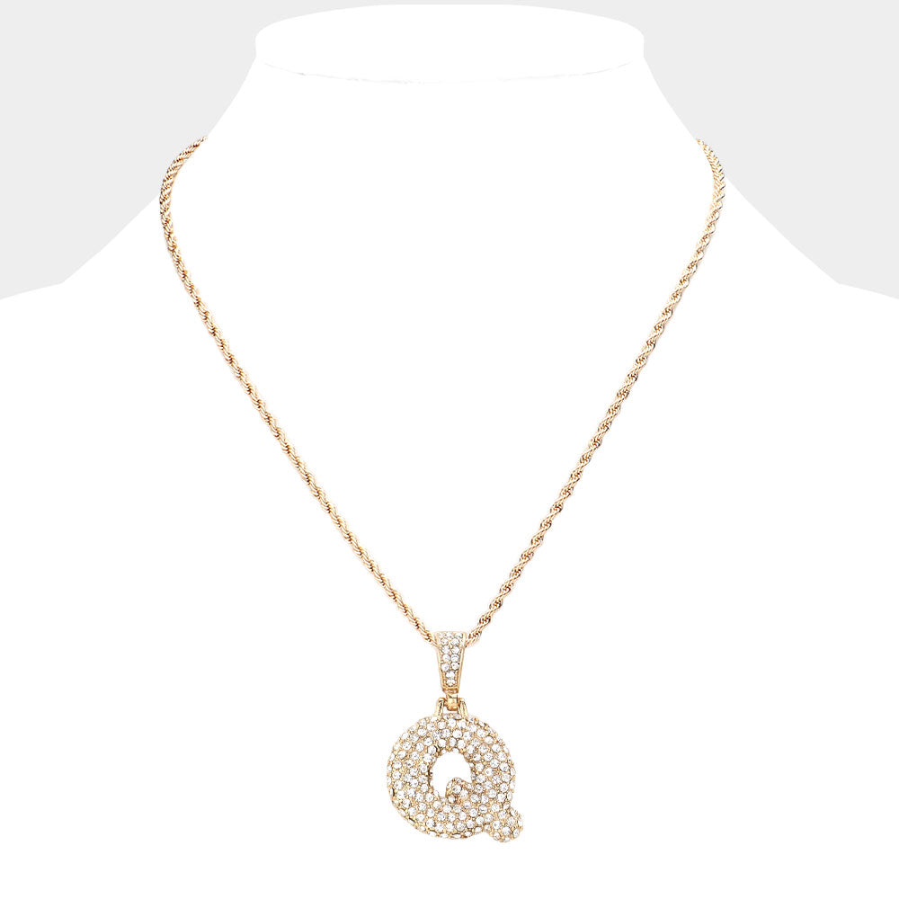 iLLASPARKZ -Q- Rhinestone Monogram Pendant Brass Chain Necklace