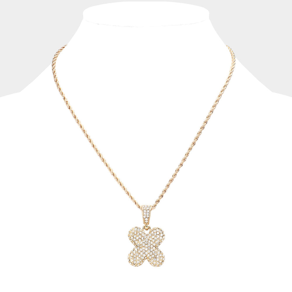 iLLASPARKZ -X- Rhinestone Monogram Pendant Brass Chain Necklace