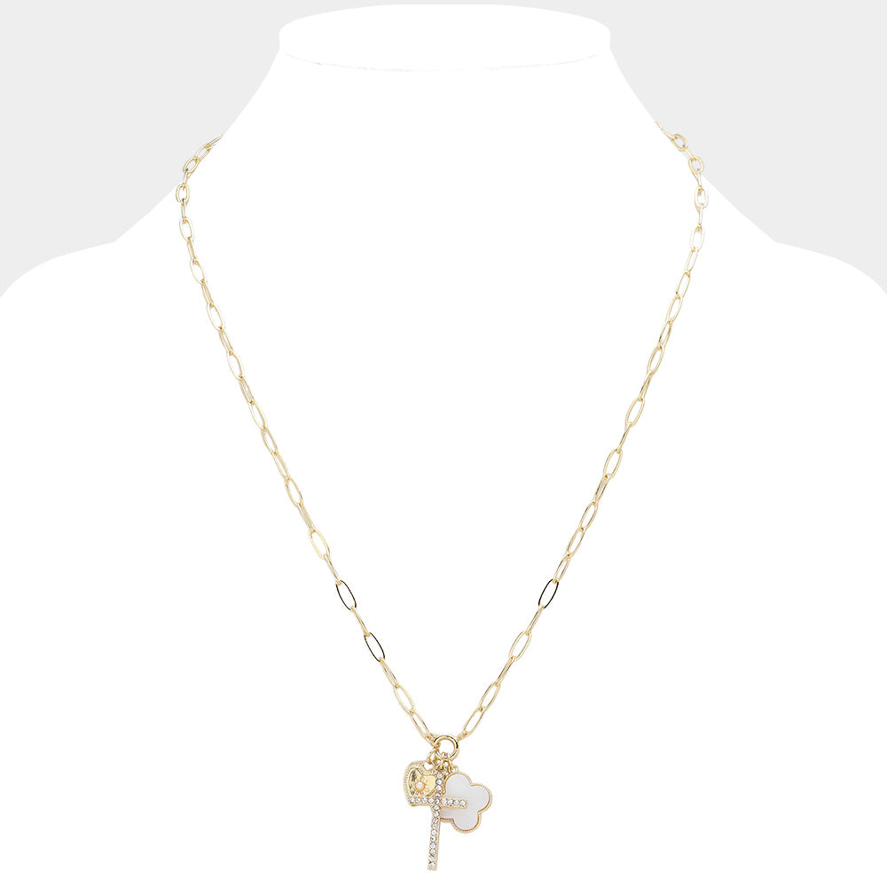 iLLASPARKZ Stone Paved Cross Pearl Pointed Heart Mother Of Pearl Quatrefoil Charm Pendnt Necklace