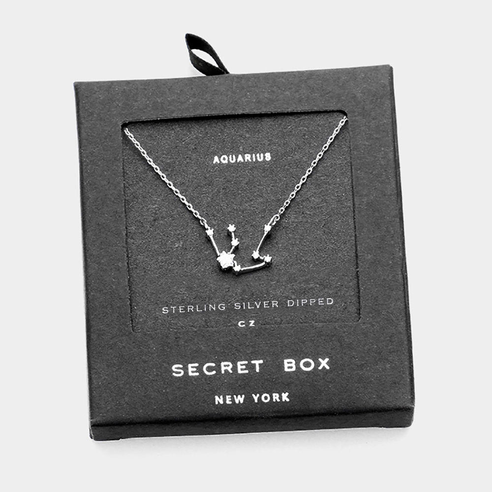 iLLASPARKZ Secret Box _ Sterling Silver Dipped CZ Aquarius Zodiac Sign Pendant Necklace