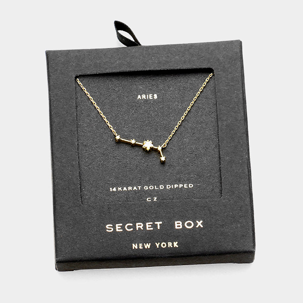 iLLASPARKZ Secret Box _ 14K Gold Dipped CZ Aries Zodiac Sign Pendant Necklace