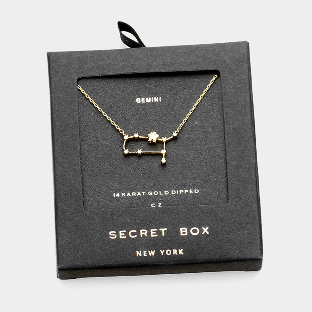 iLLASPARKZ Secret Box _ 14K Gold Dipped CZ Gemini Zodiac Sign Pendant Necklace