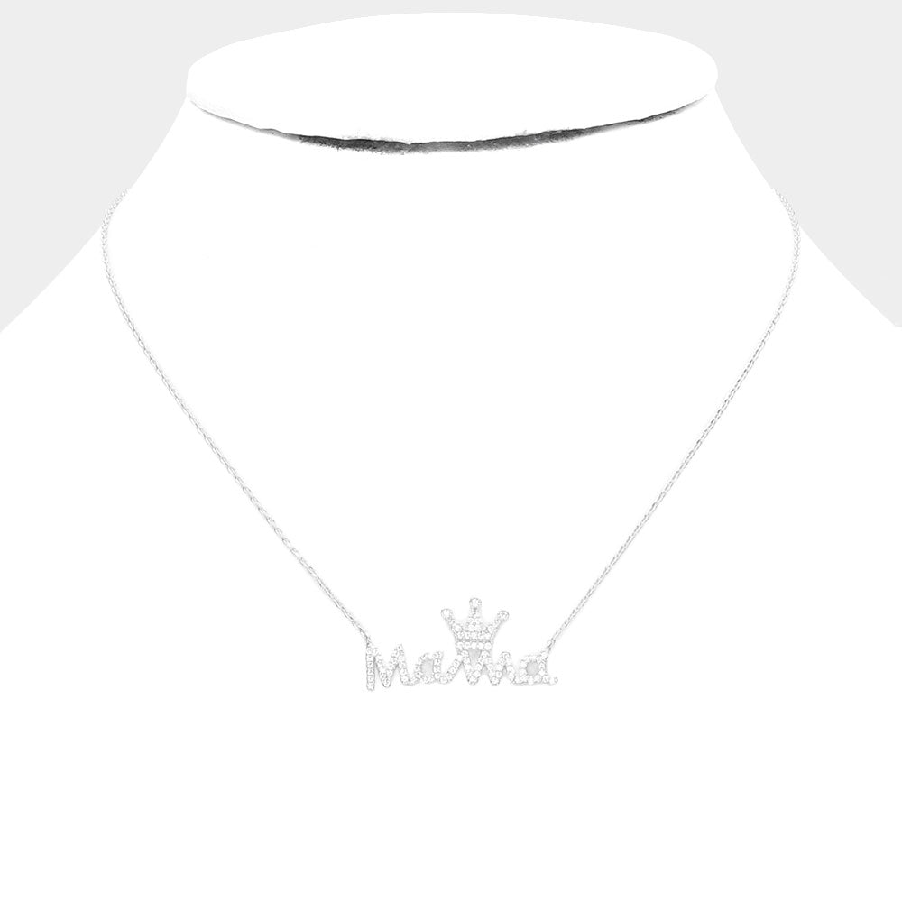 iLLASPARKZ White Gold Dipped CZ Crown MAMA Message Pendant Necklace