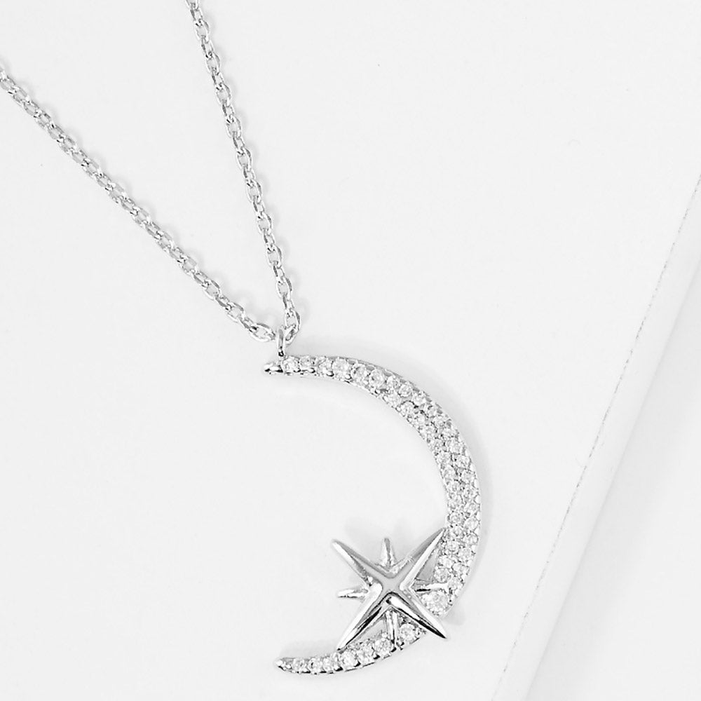 iLLASPARKZ White Gold Dipped CZ Embellished Metal North Star Crescent Moon Pendant Necklace