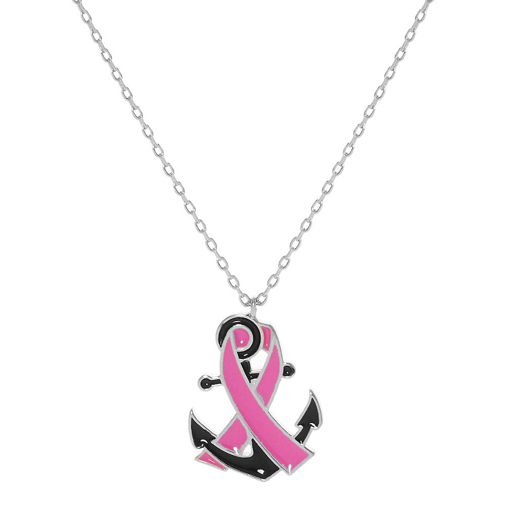 iLLASPARKZ White Gold Dipped Enamel Anchor Pink Ribbon Pendant Necklace