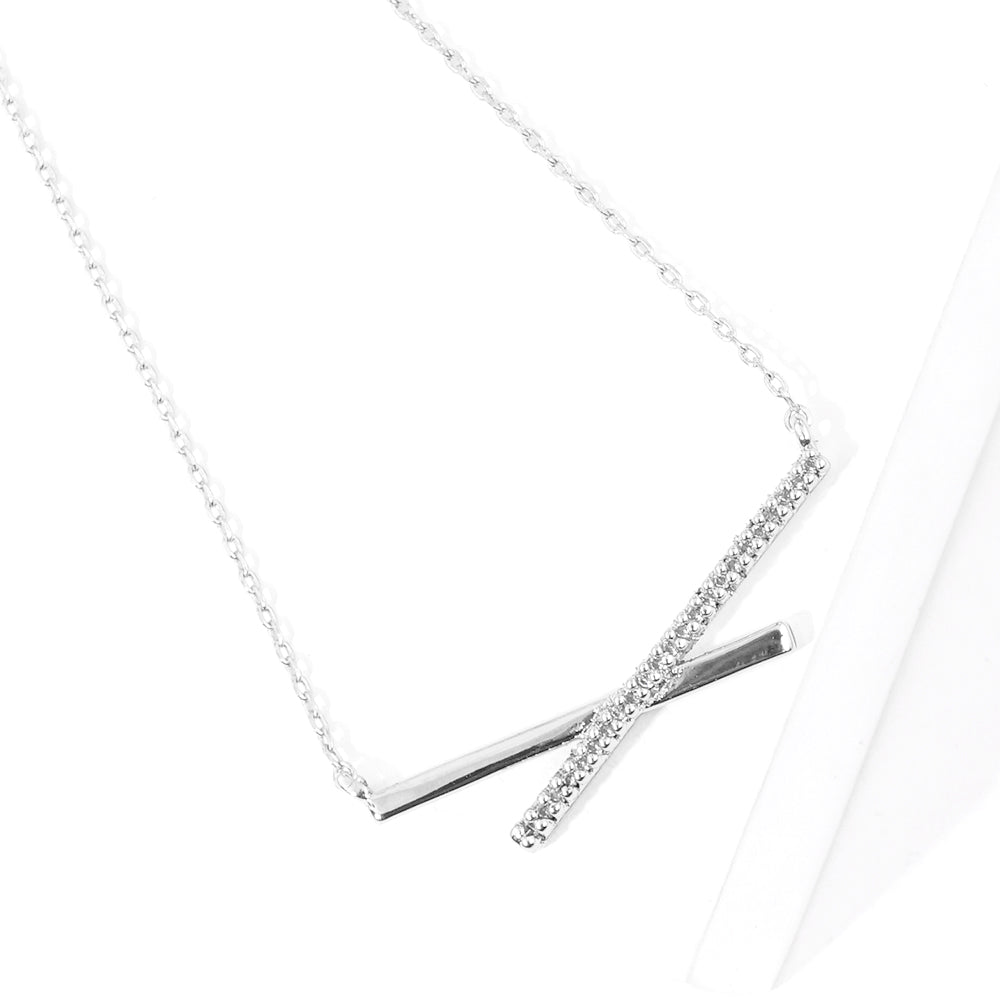 iLLASPARKZ White Gold Dipped CZ Embellished Metal Crisscross Pendant Necklace