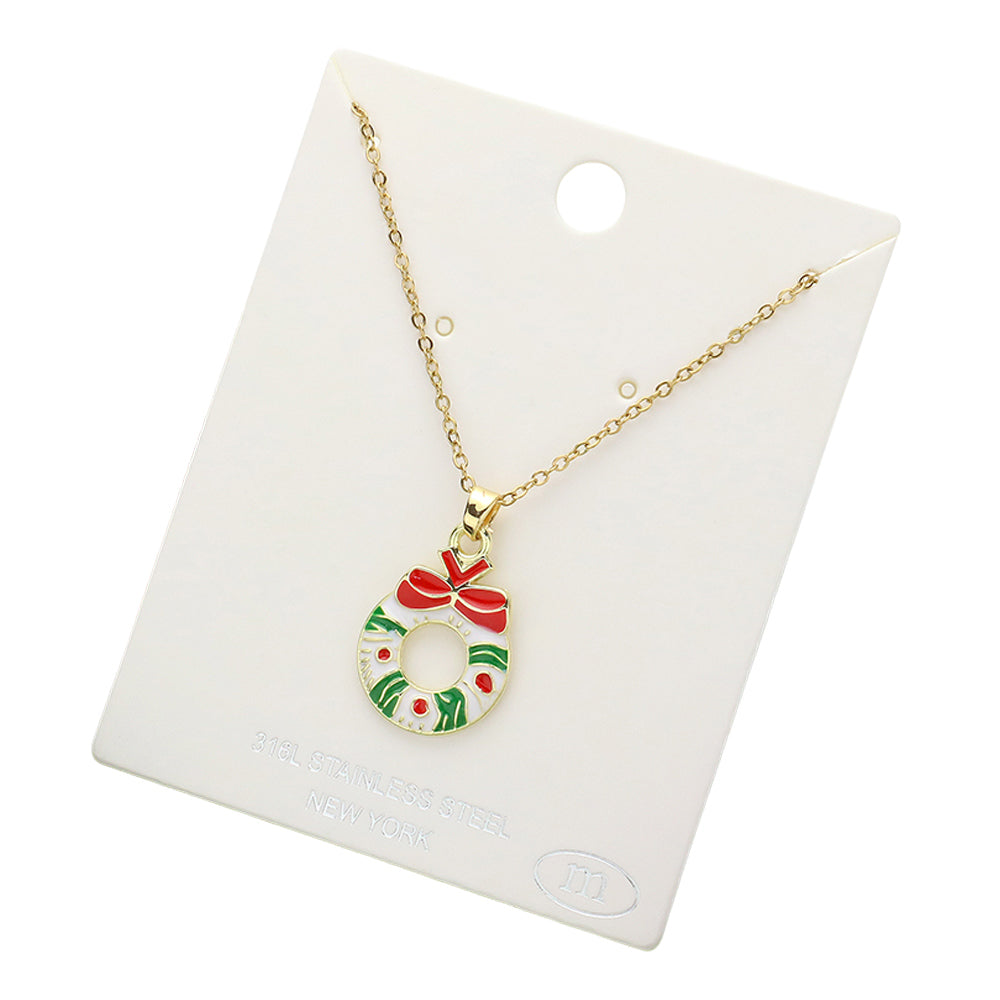 iLLASPARKZ Stainless Steel Enamel Christmas Wreath Pendant Necklace