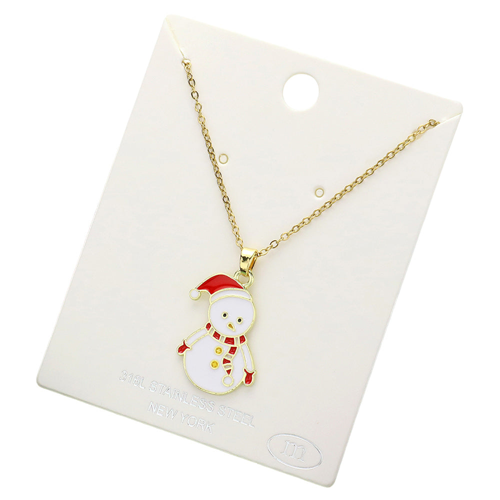 iLLASPARKZ Stainless Steel Enamel Christmas Snowman Pendant Necklace