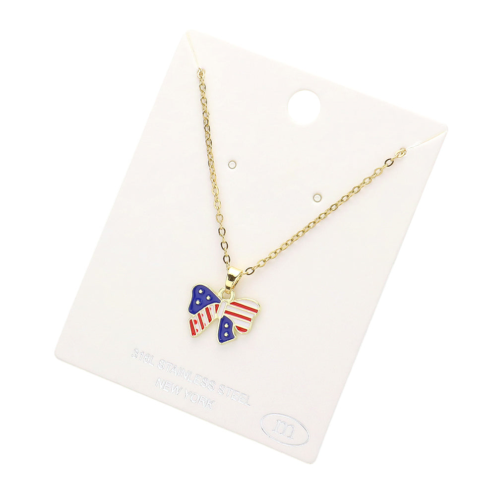 iLLASPARKZ Stainless Steel Enamel American USA Flag Bow Pendant Necklace