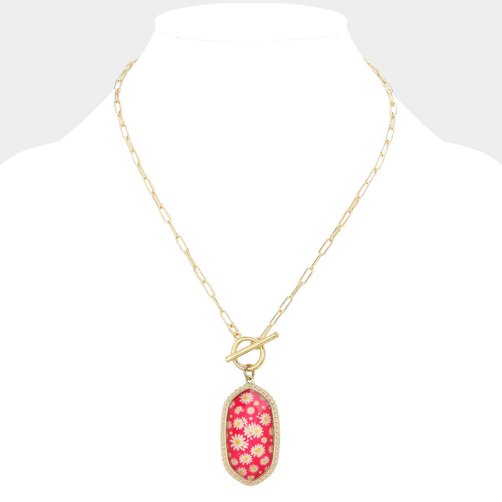 iLLASPARKZ Daisy Flower Patterned Hexagon Pendant Toggle Necklace