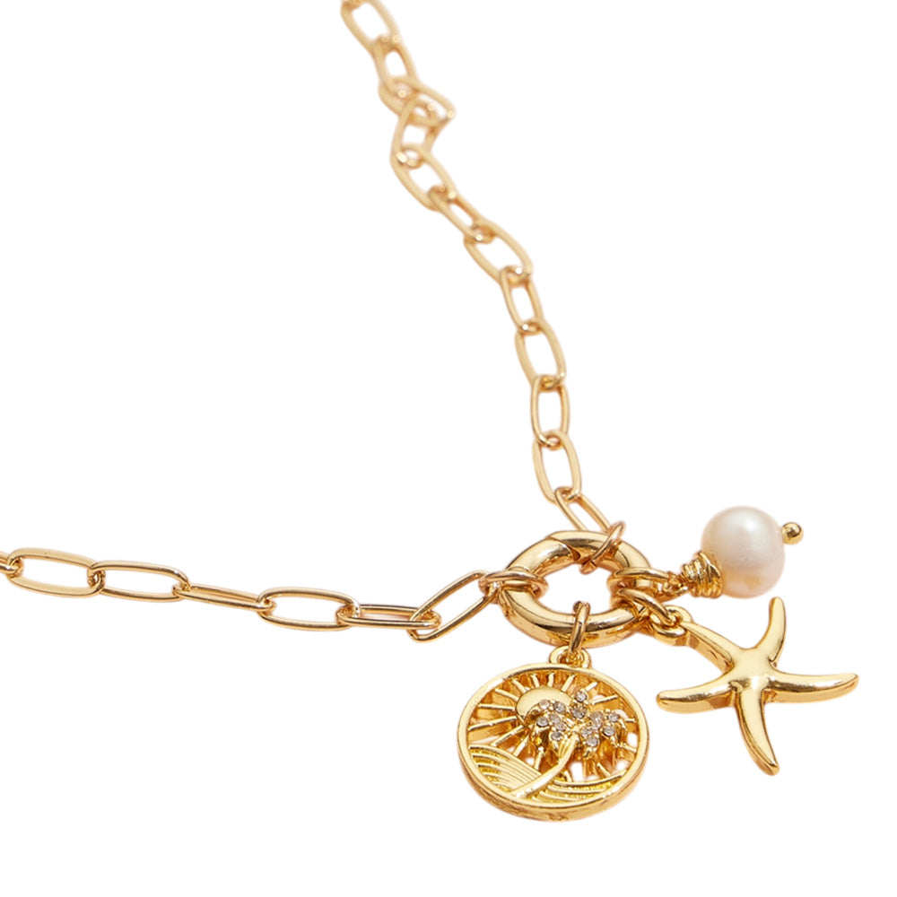 iLLASPARKZ Semi Fine Collection - 18K Gold Dipped Brass Metal Starfish Sea Life Pearl Charm Pendant Paperclip Chain Necklace