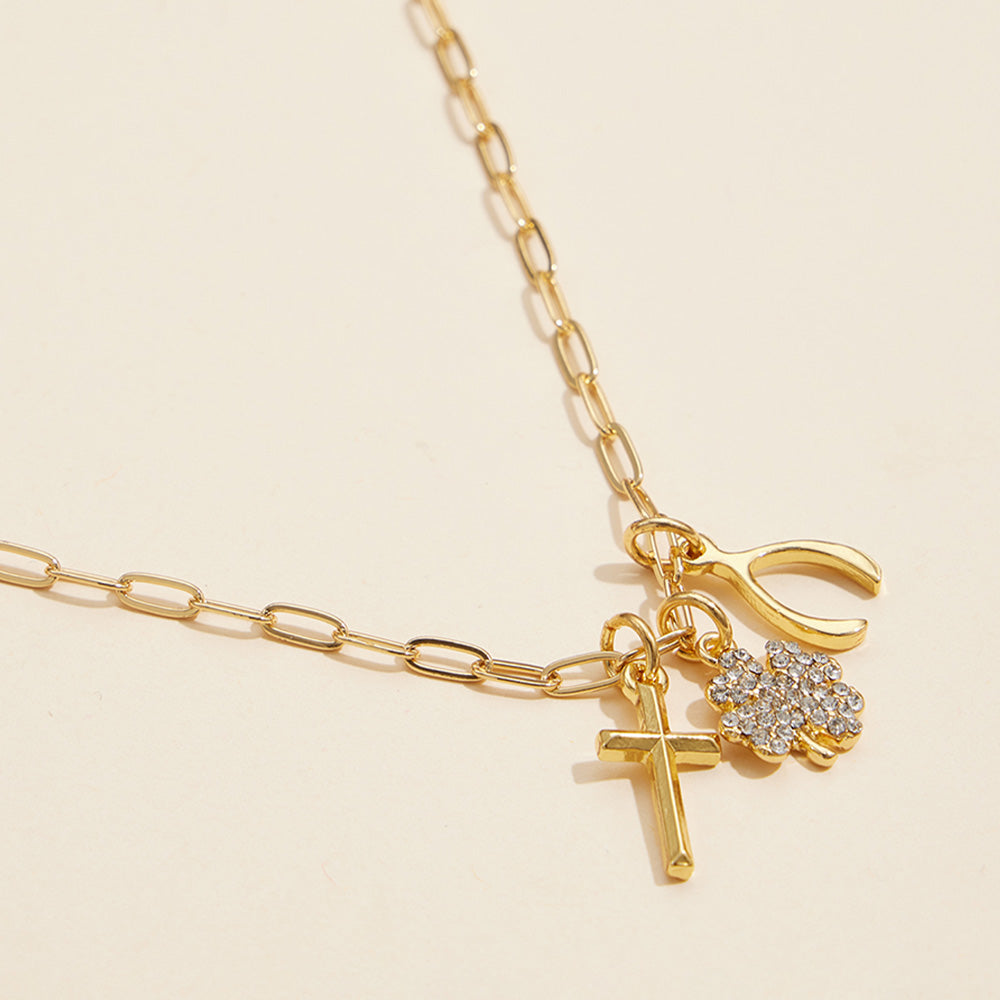 iLLASPARKZ Semi Fine Collection - 18k Gold Dipped Brass Metal Cross Wishbone Stone Paved Clover Charm Pendant Paperclip Chain Necklace