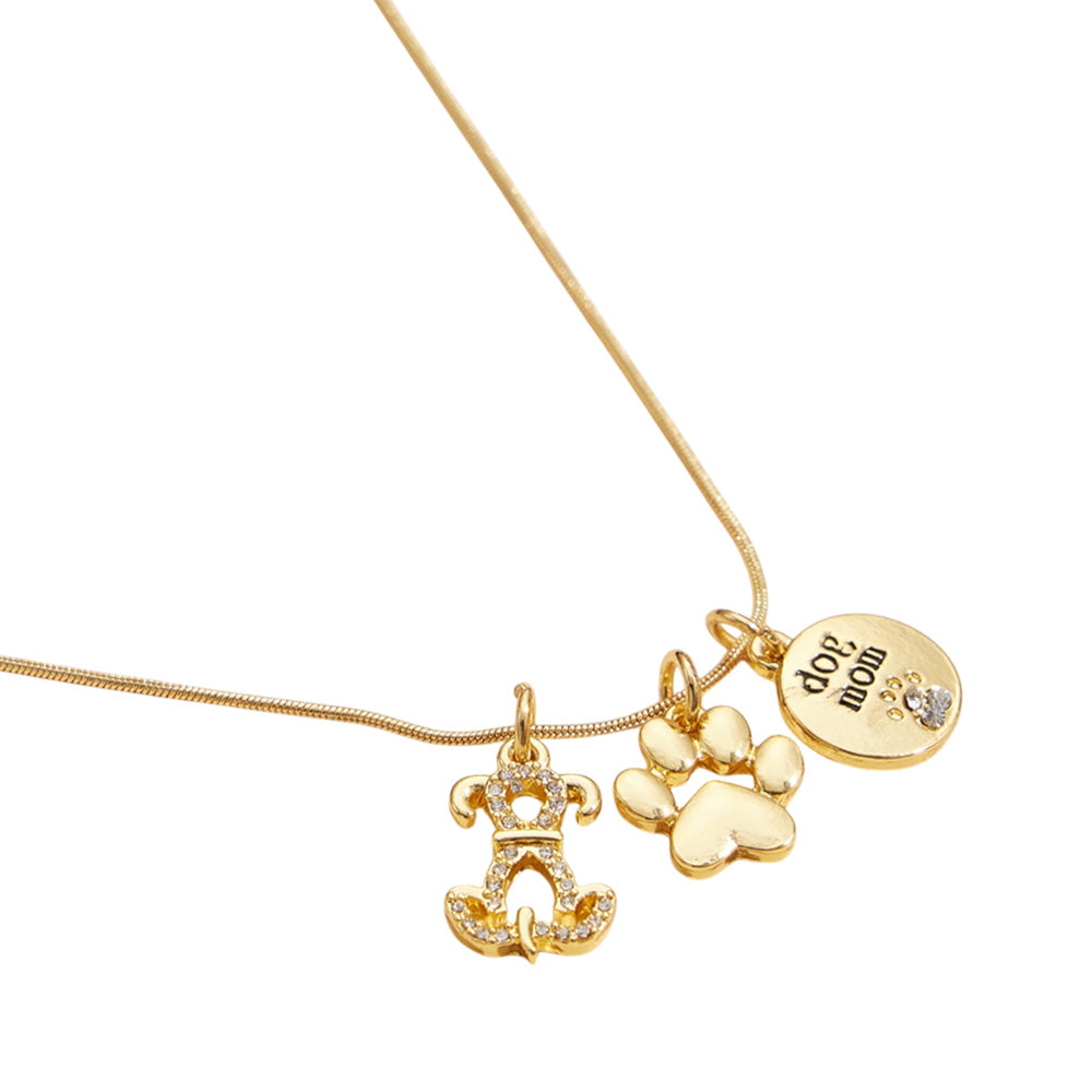 iLLASPARKZ Semi Fine Collection - 18K Gold Dipped Brass Metal Paw Dog Stone Paved Dog Mom Charm Pendant Necklace