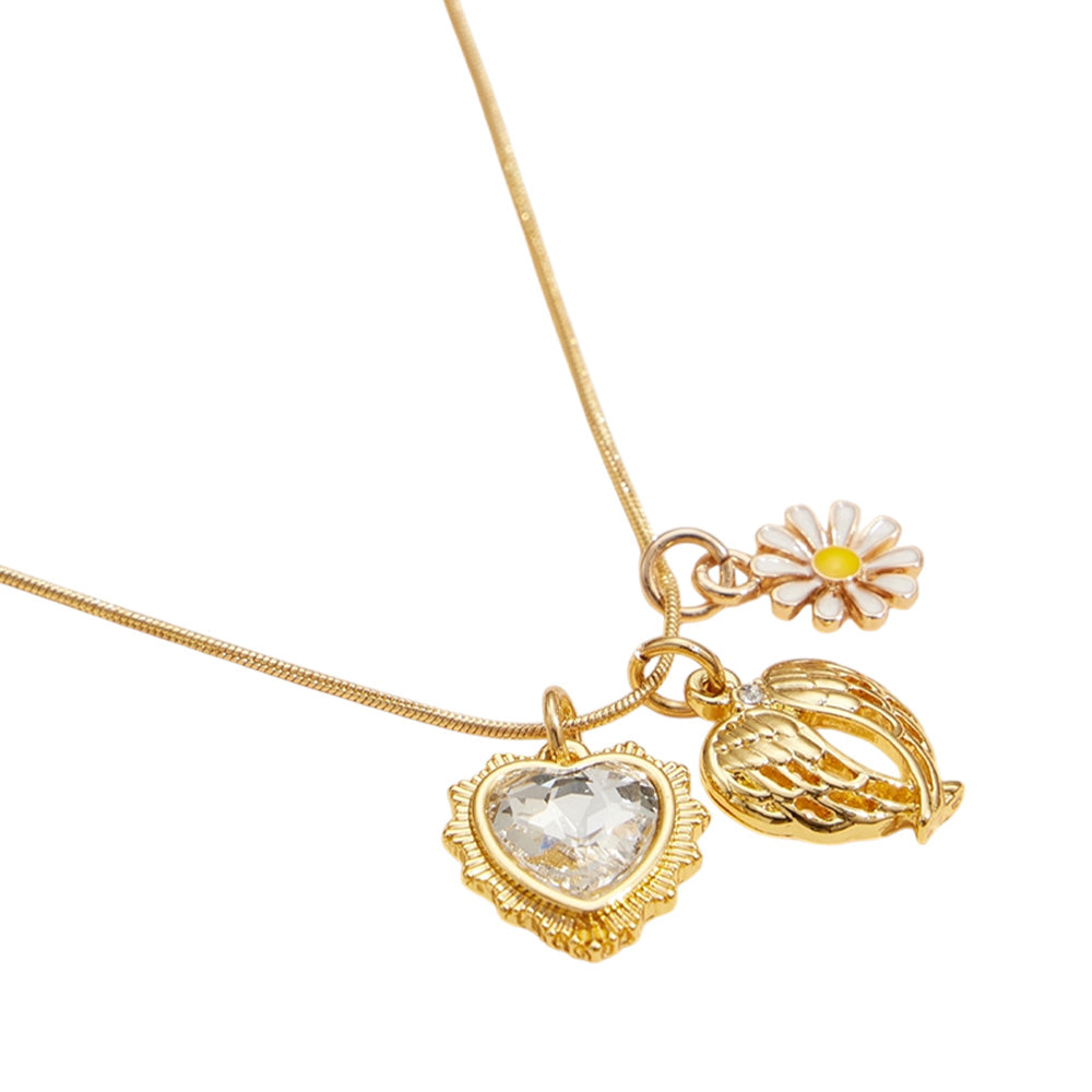 iLLASPARKZ Semi Fine Collection - 18K Gold Dipped Brass Metal Angel Wings Enamel Daisy Flower Heart Stone Charm Pendant Necklace