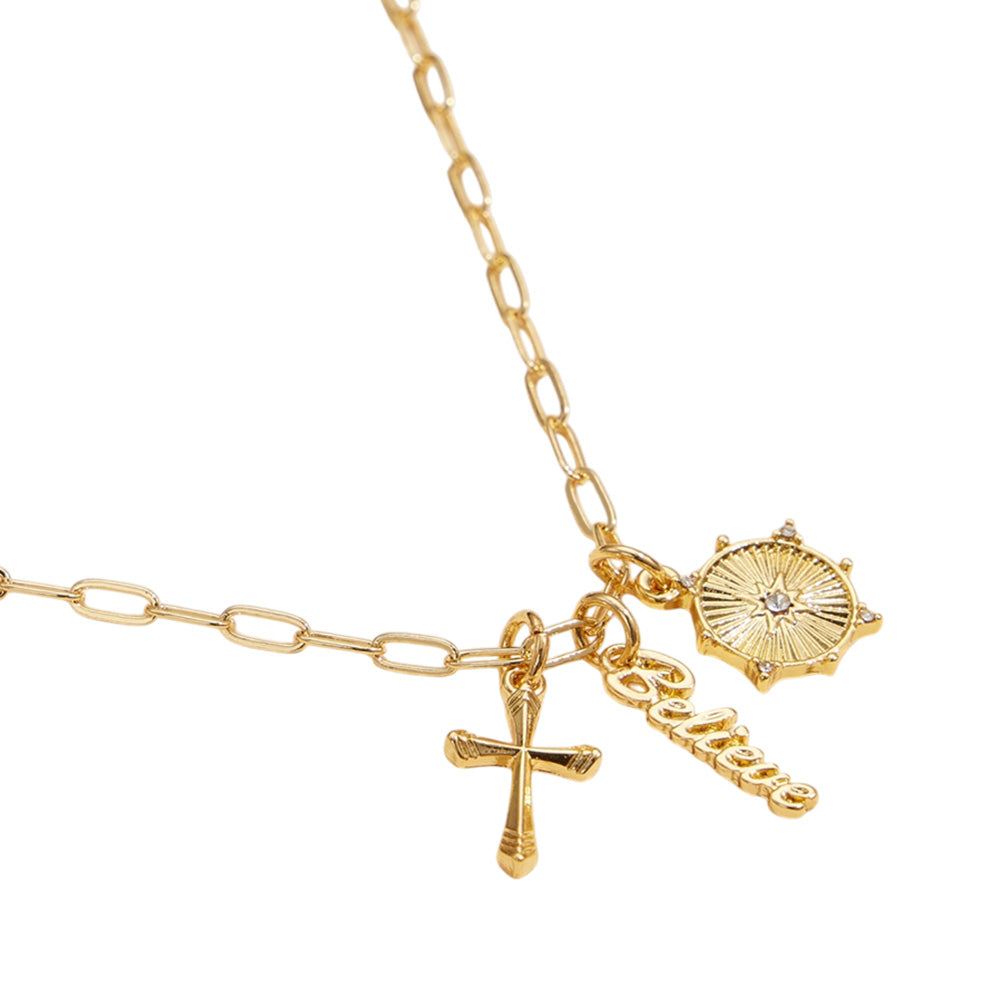 iLLASPARKZ Semi Fine Collection - 18K Gold Dipped Brass Metal Blessed Message Cross Charm Pendant Paperclip Chain Necklace