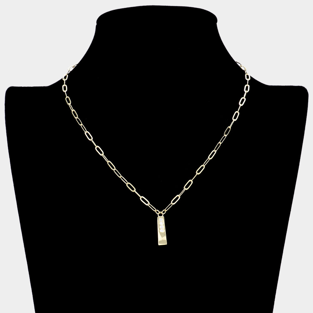 iLLASPARKZ Brass Metal Stone Paved Bar Pendant Necklace