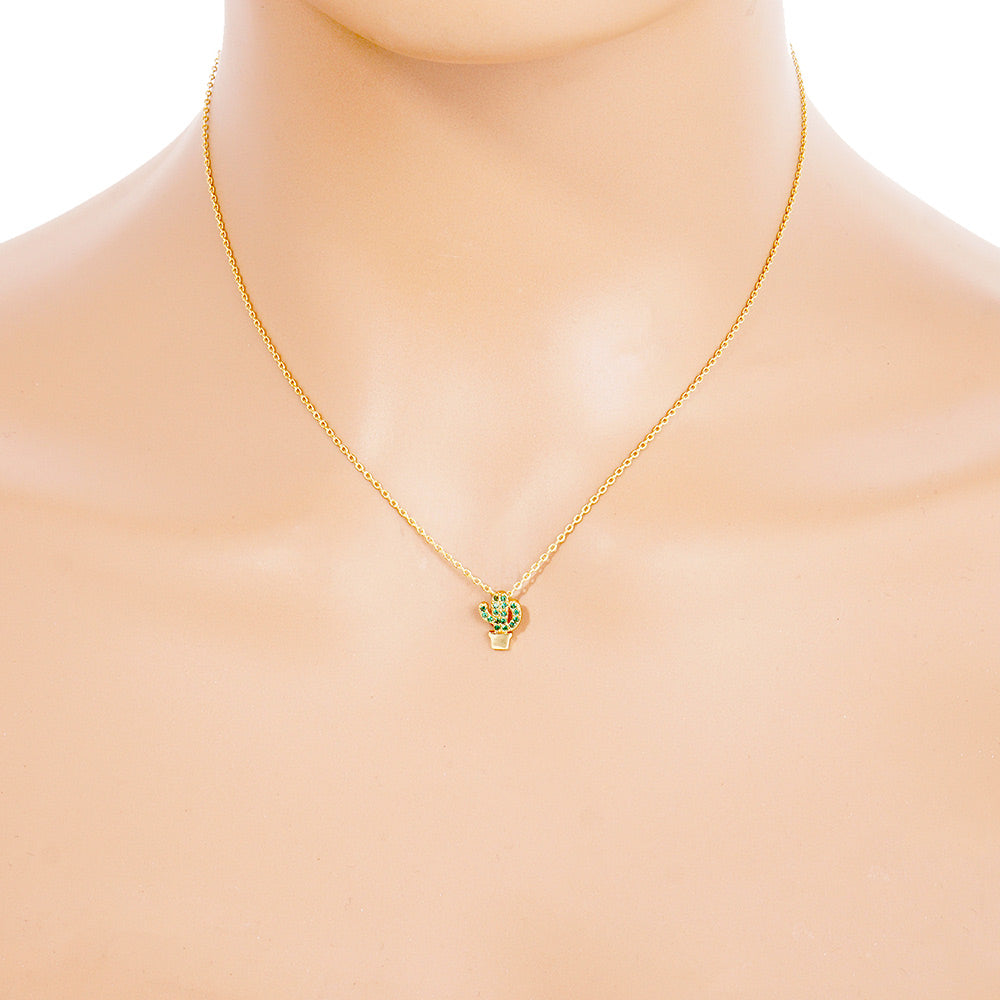 iLLASPARKZ Gold Dipped CZ Stone Paved Cactus Pendant Necklace