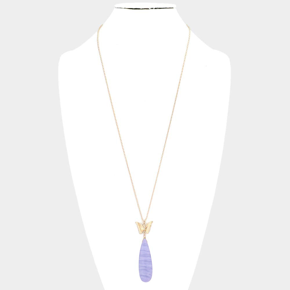 iLLASPARKZ Butterfly Natural Stone Teardrop Link Pendant Long Necklace