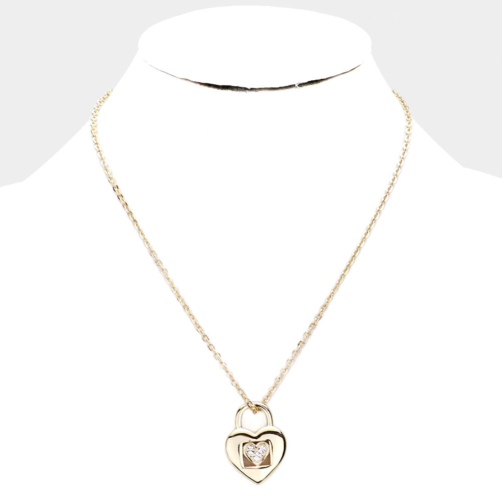 iLLASPARKZ Rhinestone Pave Heart Lock Pendant Necklace