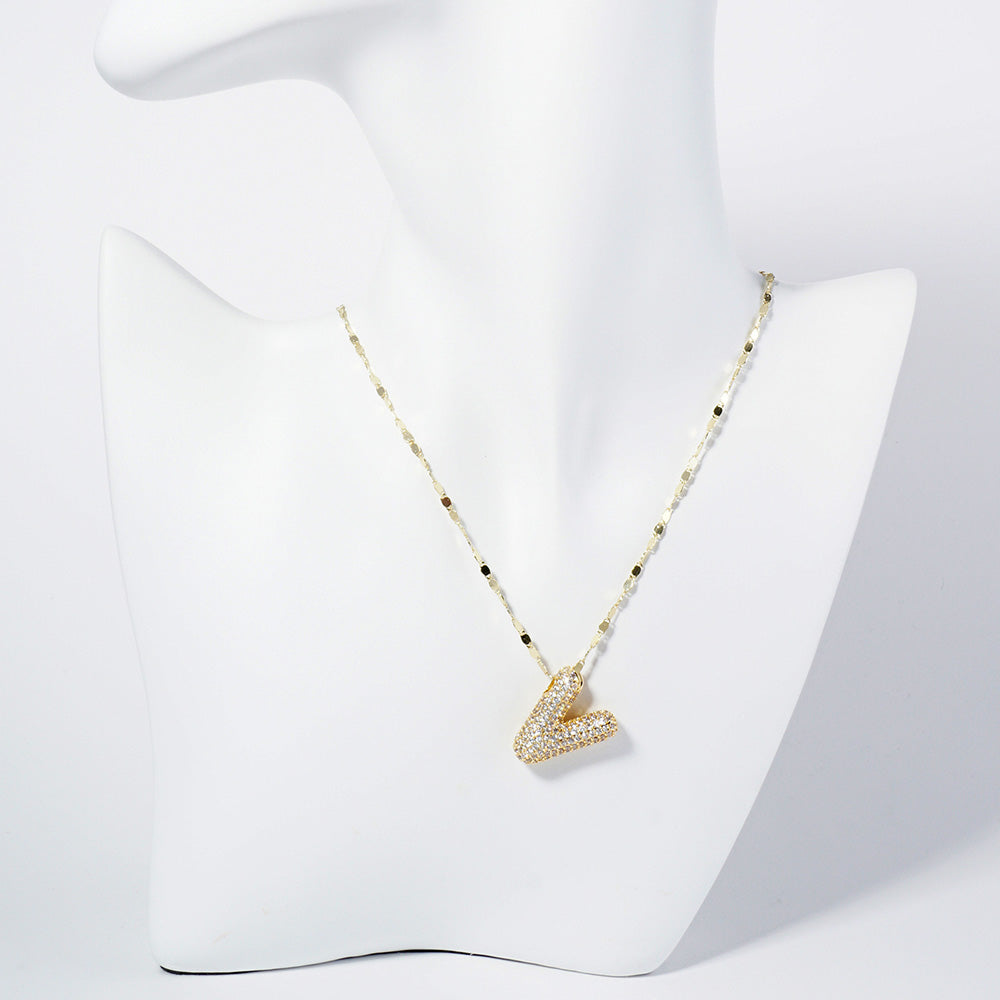 iLLASPARKZ -V- Gold Dipped CZ Stone Paved Monogram Pendant Necklace