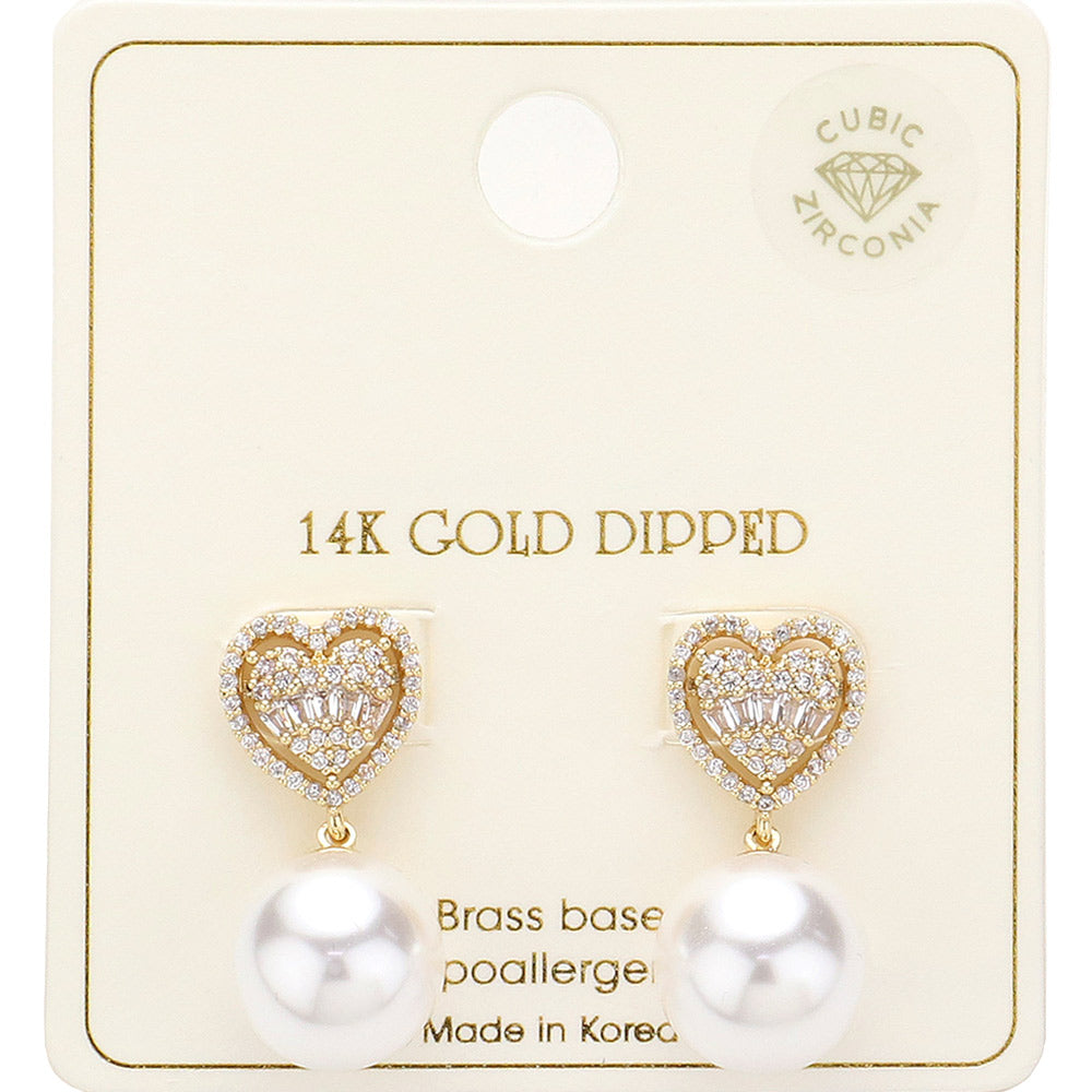 iLLASPARKZ 14K Gold Dipped Crystal CZ Stone Paved Heart Top Pearl Dangle Earrings