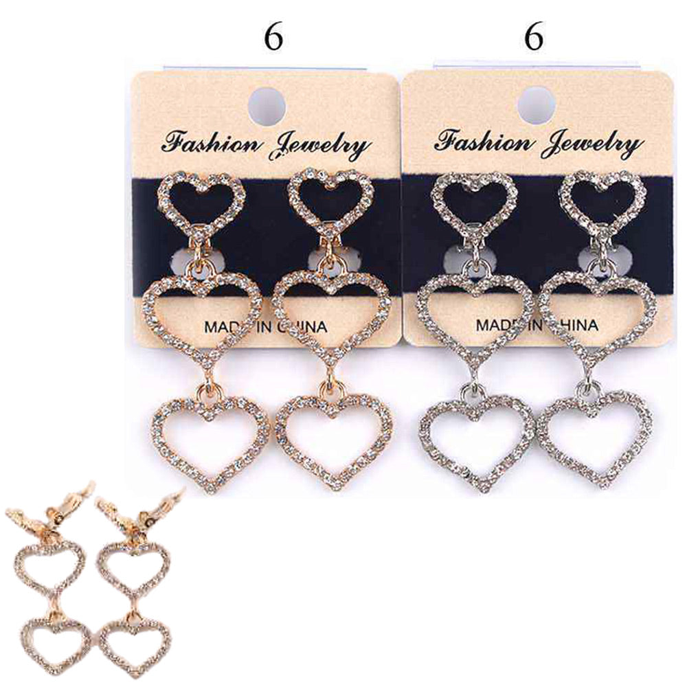 iLLASPARKZ 12PAIRS - Stone Paved Triple Heart Dropdown Clip On Earrings