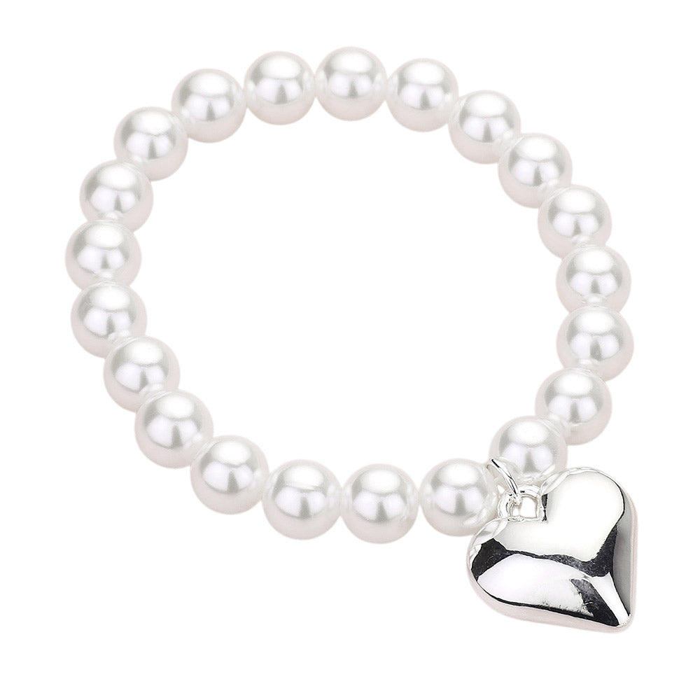 iLLASPARKZ Metal Heart Charm Pearl Beaded Stretch Bracelet