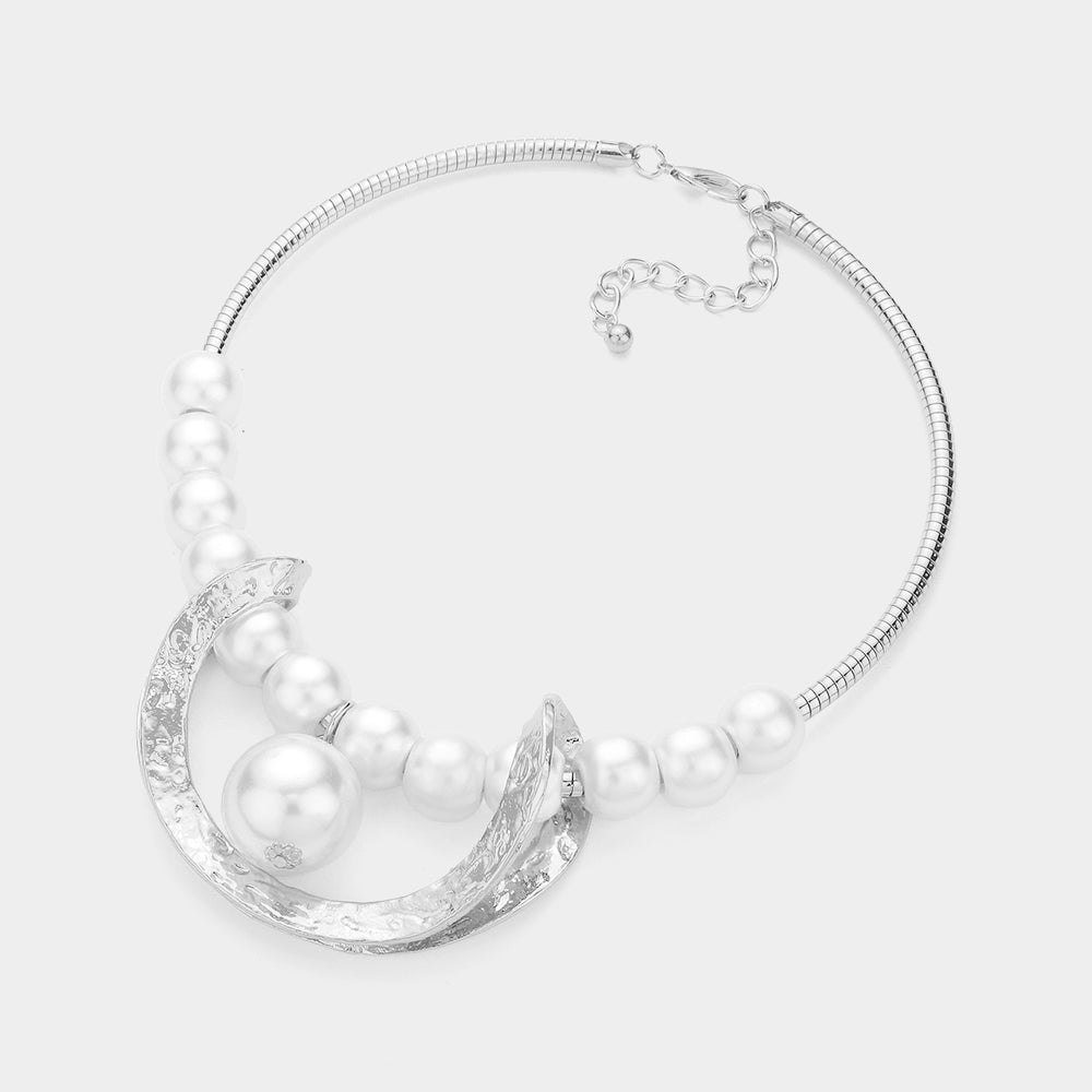 iLLASPARKZ Pearl Pointed Textured Metal Crescent Pendant Statement Necklace