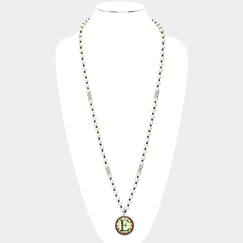 iLLASPARKZ -E- Monogram Pearl Beaded Watch Printed Long Necklace